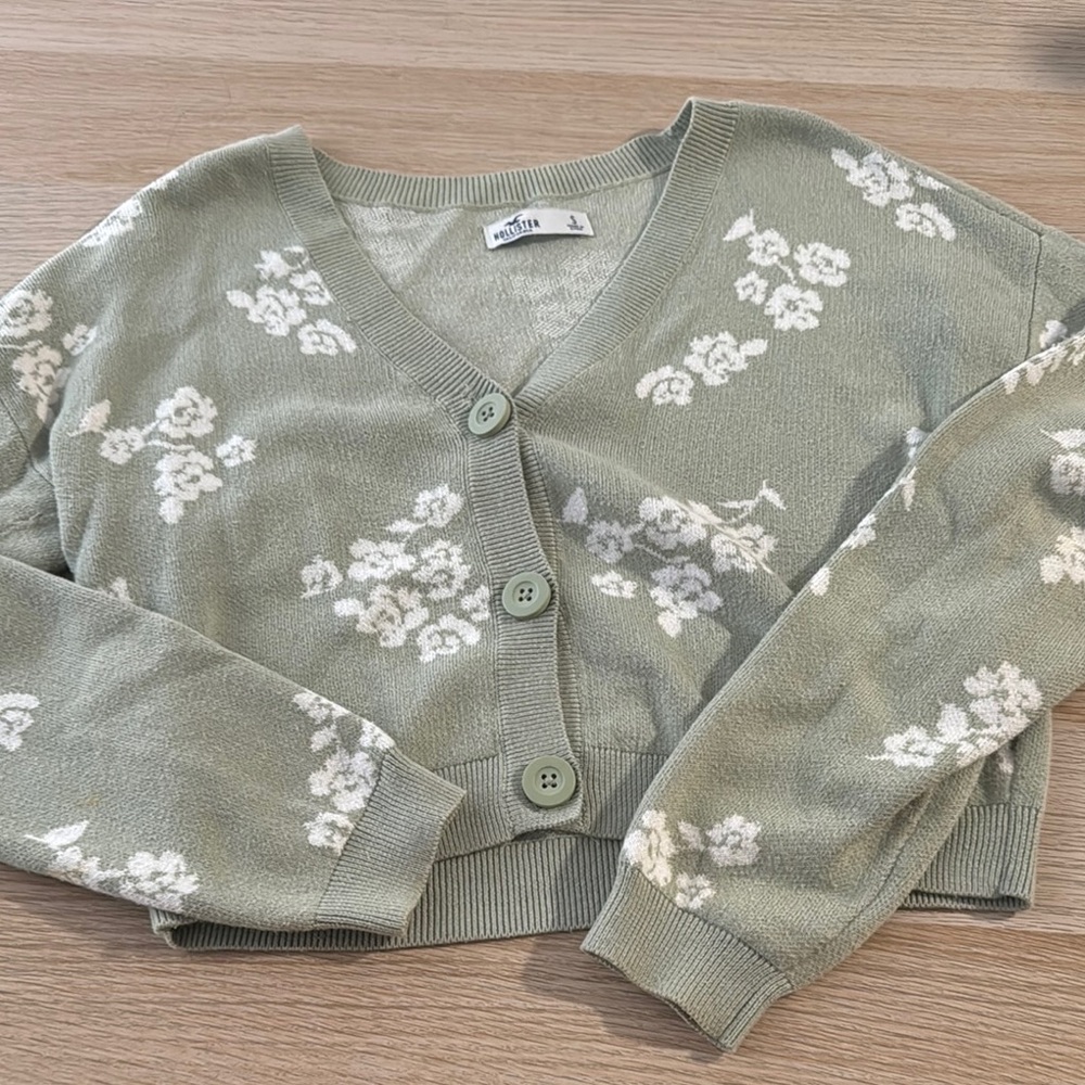 Hollister Green and White Cardigan Sweater with Floral Design